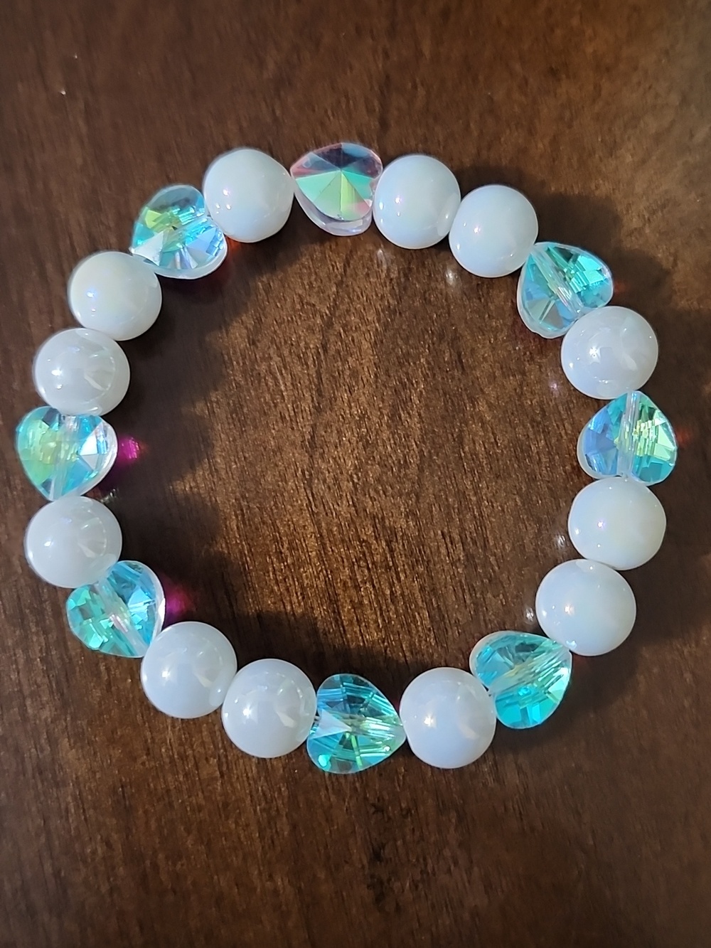 Handmade White and Iridescent Hearts Beaded Bracelet